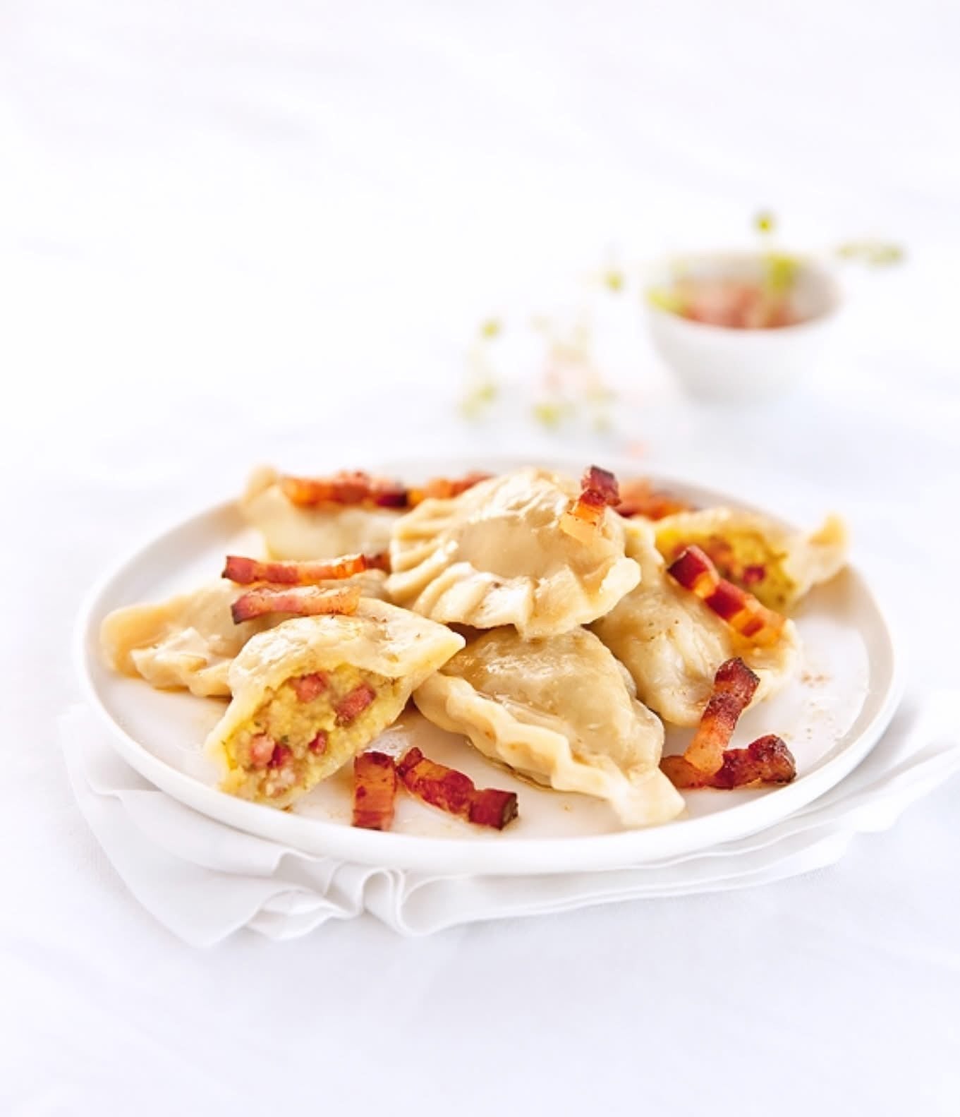 Homemade dumplings with potato and bacon